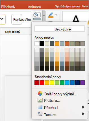 Na snímku obrazovky vidíte možnosti dostupné v nabídce Výplň obrazce, včetně možností Bez výplně, Barvy motivu, Standardní barvy, Další barvy výplně, Obrázek, Přechod a Textura.