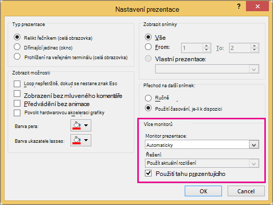 Možnosti monitoru v dialogovém okně Nastavení prezentace