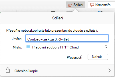 Snímek obrazovky znázorňující dialogové okno, které nabízí odeslání prezentace do cloudového úložiště Microsoftu pro bezproblémové sdílení