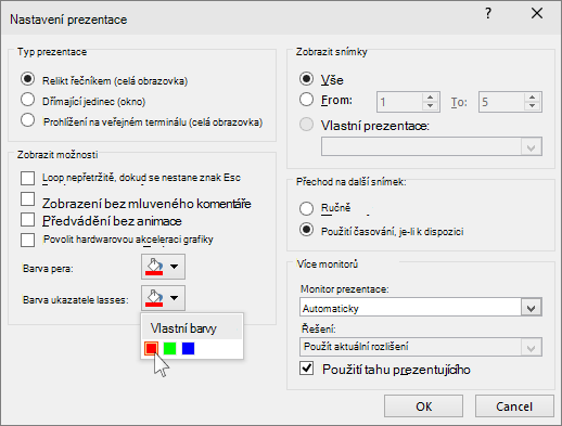 Snímek obrazovky s možnostmi laserového ukazovátka v PowerPointu