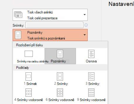 snímek obrazovky s možností tisku poznámek