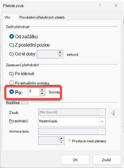 Můžete zadat počet snímků, na kterých se bude zvukový klip přehrávat.