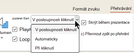 Snímek obrazovky zobrazující kartu přehrávání zvukových souborů, která nabízí tři možnosti, kdy spustit přehrávání zvuku.