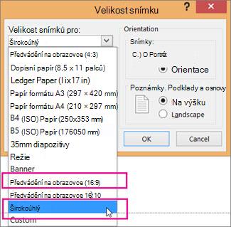 Širokoúhlá obrazovka nebo Předvádění na obrazovce (16:9)
