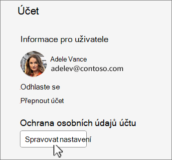 Dialogové okno Účet se zvoleným tlačítkem Spravovat nastavení.