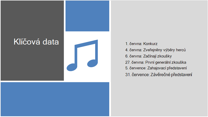 Ukázkový snímek s časovou osou s textem, ke kterému PowerPoint Designer přidal ilustraci a upravil jeho návrh.