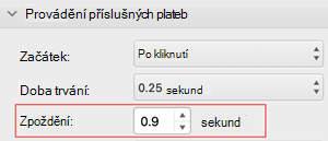 Nabídka časování zpoždění v aplikaci PowerPoint pro Mac