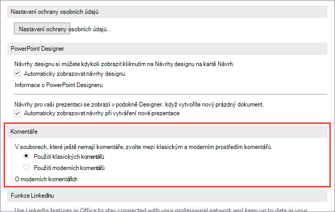 Snímek obrazovky s možnostmi moderních komentářů