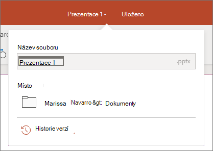 Snímek obrazovky znázorňující kliknutí na název souboru uprostřed záhlaví v horní části okna prohlížeče.