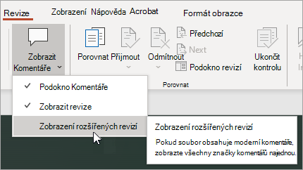 Snímek obrazovky znázorňující Rozšířené revize