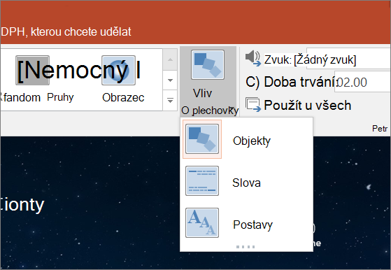 Zobrazuje možnosti efektu přechodu pro přechod Morfing v PowerPointu 2016.