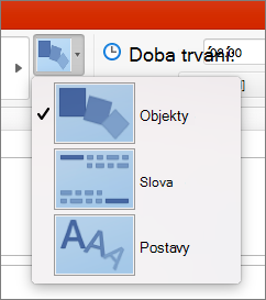 Ukazuje možnosti efektu v přechodu Morfing v PowerPointu 2016 pro Mac.