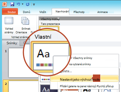 Klikněte pravým tlačítkem myši na nový motiv uvedený pod záhlavím Vlastní a pak zvolte Nastavit jako výchozí motiv.