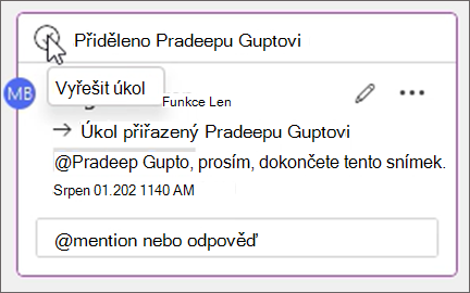 Snímek obrazovky znázorňující, jak vyřešit úkol tlačítko v textu komentáře