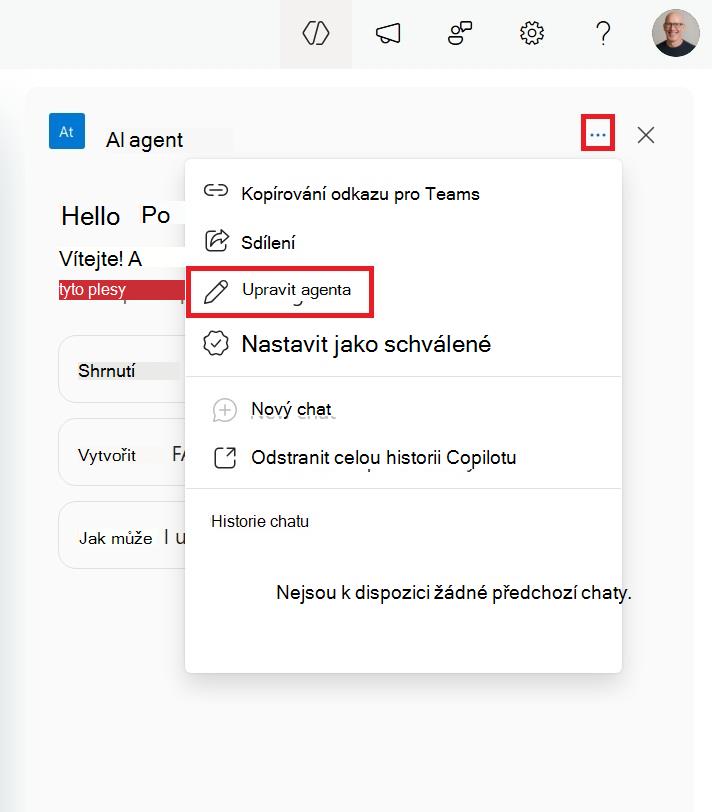 Snímek obrazovky s nabídkou pro úpravu agenta SharePointu z postranního vozíku