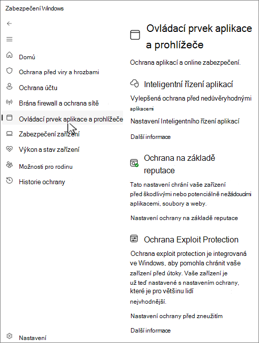 Snímek obrazovky s ovládací stránkou aplikace a prohlížeče aplikace Zabezpečení Windows.