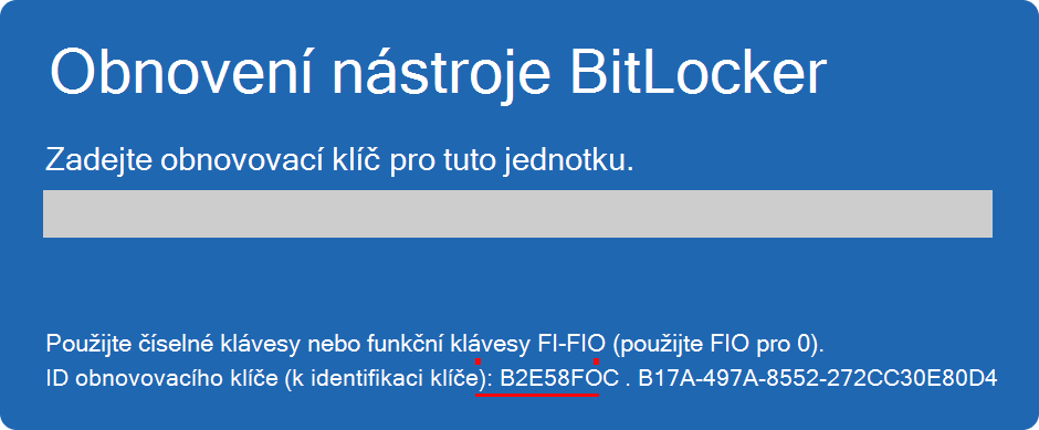 Snímek obrazovky pro obnovení nástroje BitLocker se zvýrazněným ID klíče.
