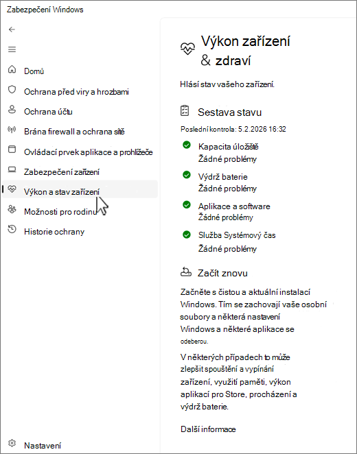 Snímek obrazovky se stránkou zařízení a výkonu v aplikaci Zabezpečení Windows.