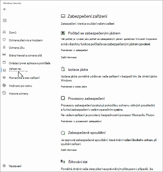 Snímek obrazovky Zabezpečení zařízení v aplikaci Zabezpečení Windows.
