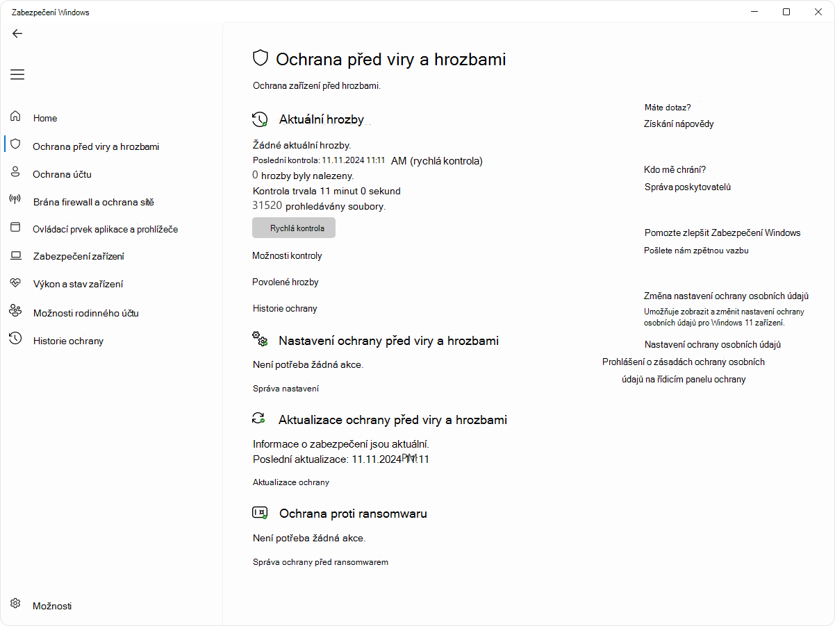 Snímek obrazovky se stránkou ochrany před viry a hrozbami v aplikaci Zabezpečení Windows.