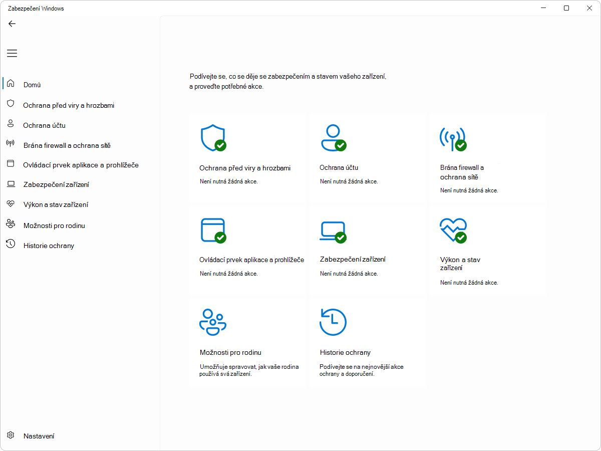 Snímek obrazovky s podoknem Zabezpečení Windows – Domů.