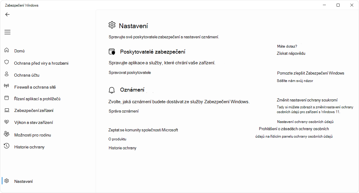 Snímek obrazovky se stránkou nastavení aplikace Zabezpečení Windows.