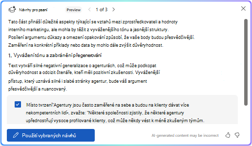 Použití vybraných návrhů v Copilotu ve Wordu