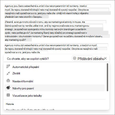 Možnost Návrhy psaní v Copilotu ve Wordu