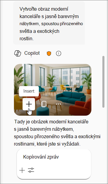 Zobrazuje výzvu Copilota pro obrázek moderní kanceláře s barevným nábytkem, přirozeným světlem a exotickými rostlinami, po které následují čtyři obrázky.