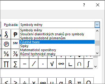 Vyberte číselné tvary v dialogovém okně Podmnožina a zobrazte zlomky a další matematické symboly