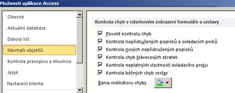 Nastavení kontroly chyb, které je k dispozici v kategorii Návrháři objektů