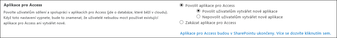 Snímek obrazovky s nastavením aplikace pro Access na stránce centra pro správu SharePointu