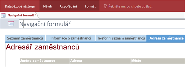 Fragment obrazovky navigačního formuláře