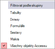 Nabídka Filtr navigačního podokna podle skupiny