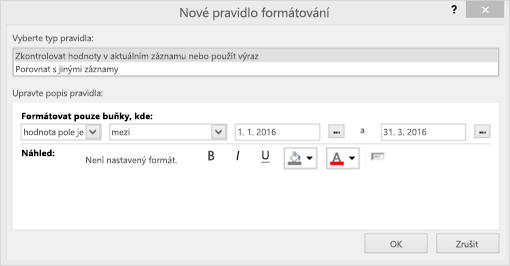 Snímek obrazovky rozhraní Nového pravidla formátování
