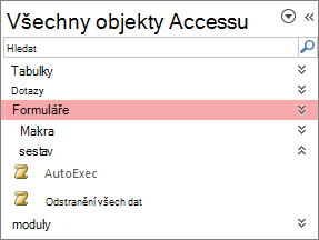 Navigační podokno Aplikace Access