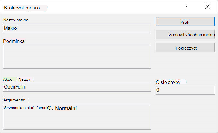 Dialogové okno Krokovat makro