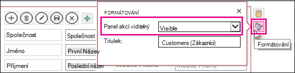 Vlastnost Panel akcí viditelný v nabídce Formátování