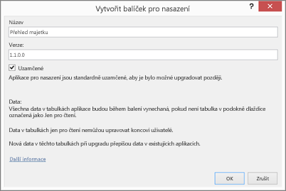 Dialog Vytvořit balíček pro nasazení