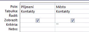 návrhář dotazu s kritérii nastavenými tak, aby se zobrazily záznamy, které mají pole s prázdnou hodnotou