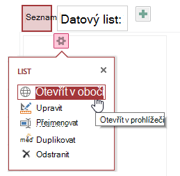 Místní nabídka zobrazující příkazy Otevřít v prohlížeči, Upravit, Přejmenovat, Duplikovat a Odstranit