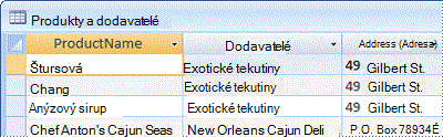 Obrázek tabulky obsahující produkty a dodavatele