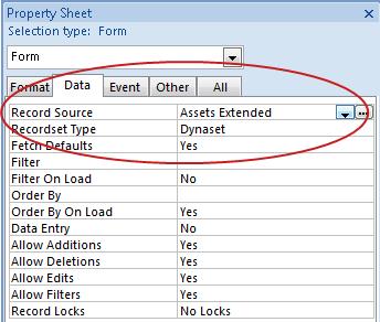 The Record Source property on the Data tab.
