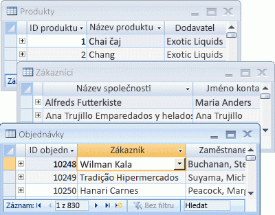 Obrázek znázorňující tři tabulky v datových listech