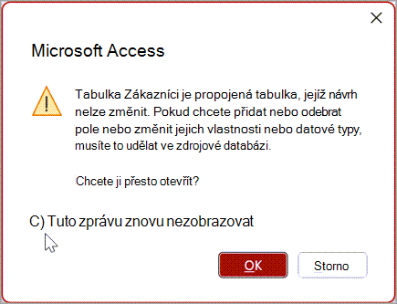 Dialogové okno upozornění aplikace Microsoft Access.