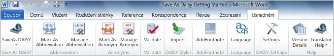 Karta Accessibility (Usnadnění) doplňku Save as DAISY na pásu karet