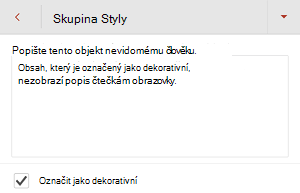 Dialogové okno Alternativní text se zaškrtnutým políčkem Označit jako dekorativní v aplikaci PowerPoint pro Android