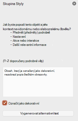 Zaškrtávací políčko Označit jako dekorativní zaškrtnuté v podokně Alternativní text v PowerPoint pro Mac.