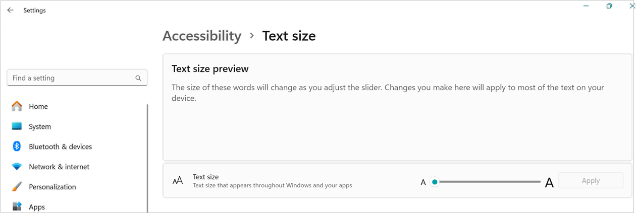 snímek obrazovky změny velikosti textu ve Windows 11