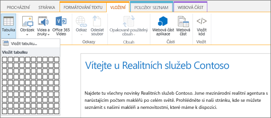 Snímek obrazovky znázorňující pás karet SharePointu Online Vyberte kartu Vložení a pak vyberte Vložit tabulku a určete počet řádků a sloupců pro novou tabulku.